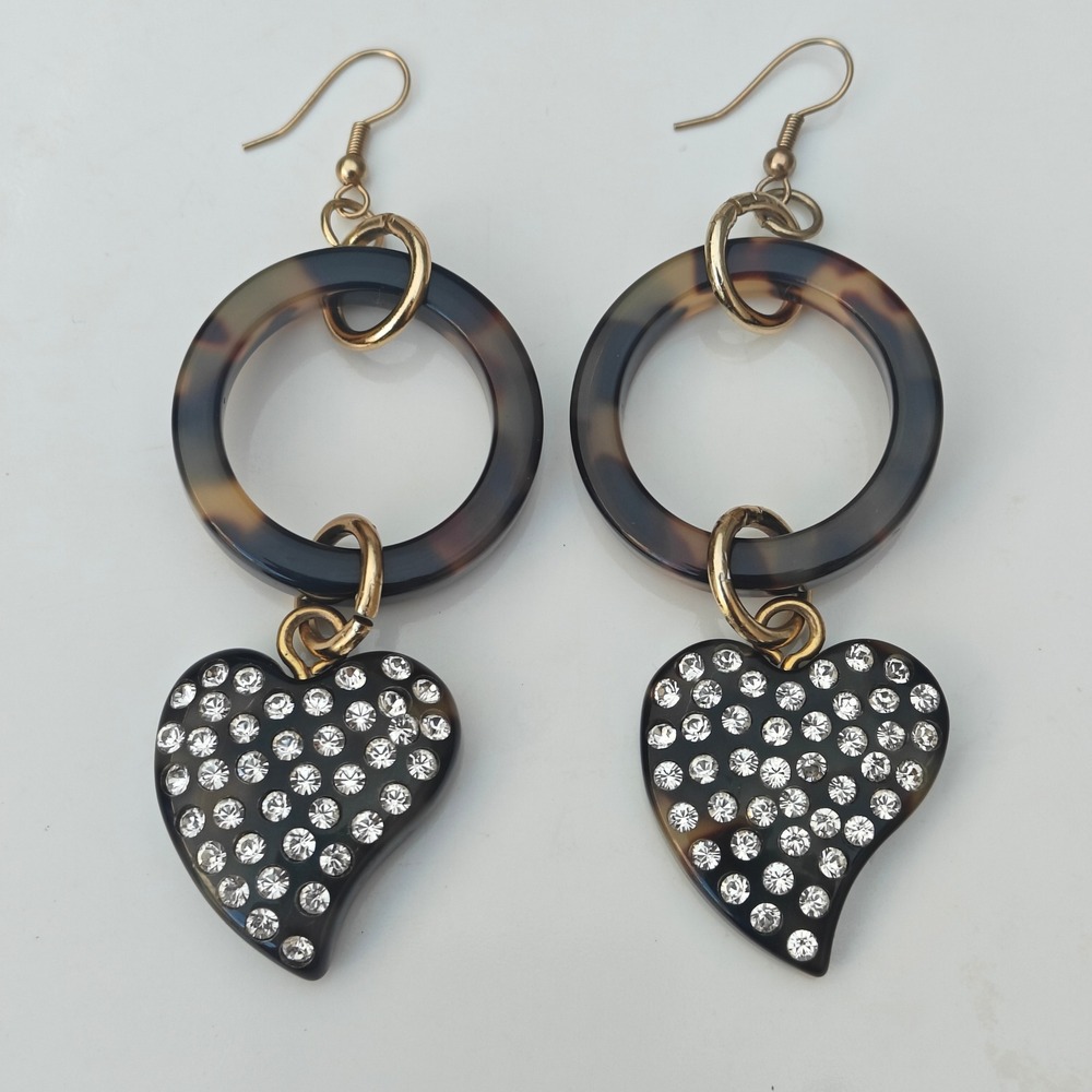 Tortoiseshell Heart Rhinestone Drop Earrings Gold Tone Hoop Dangle Brown Y2K